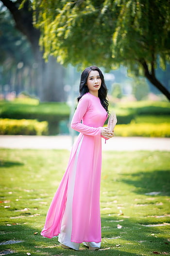 ao dai, Asia, model, wanita, wanita Asia, model perempuan, gaun merah muda, baju tradisional, pemodelan, pose, berpose