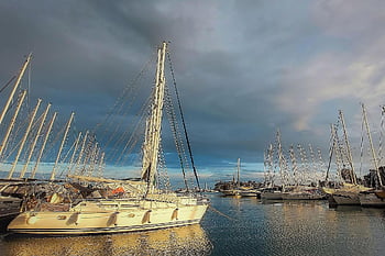 plachetnice, marina, přístav, jachty, moře, oceán, námořní, plachtění, lodí, voda, západ slunce