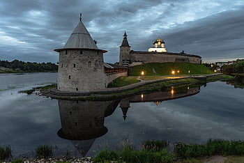 pevnost, hrad, hradní příkop, Příroda, středověký hrad, architektura, věž, mezník, řeka, západ slunce, zatažený