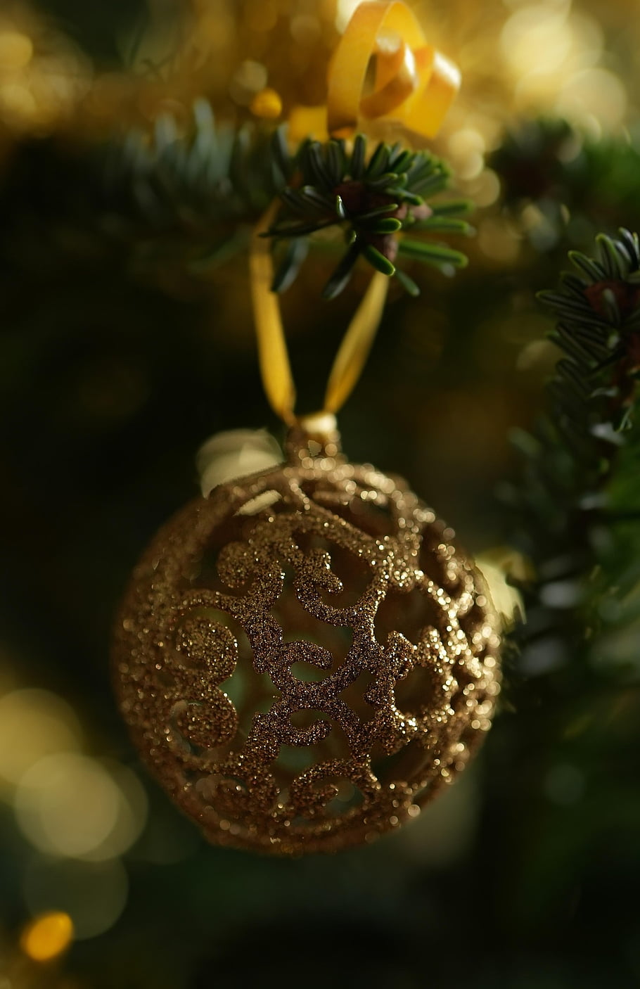 Vánoce, vánoční strom, dekorace, zlatý, ornament