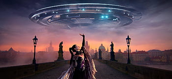 woman, spaceship, ufo, city, evening, nature, futuristic, fantasy, sky, floating Object, mystical