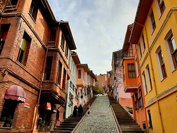 balat, Istanbul, barevné budovy, Cobblestone cesty, Historické ulice, živé ulice, lidí, kteří jdou, pouliční scény, městské krajiny, evropské architektury, turecká kultura