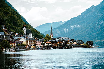 Hallstatt, Austria, lakeside village, mountain backdrop, picturesque view, Hallstatt town, Alpine scenery, European village, scenic landscape, Hallstatt lake, mountain town
