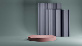 minimalist composition, pink disk, lilac rectangles, 3D rendering, abstract scene, pink podium, gray vertical panels, muted background, minimalist art, abstract design, modern art