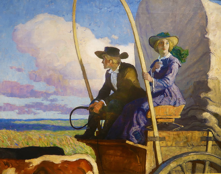 N.C. Wyeth, 대초원, 왜건, 젊은 아내, 젊은 남편, 깜짝 놀란, 쓸쓸함, 전율, 가족 농민, 1921 그림, 로크웰 박물관