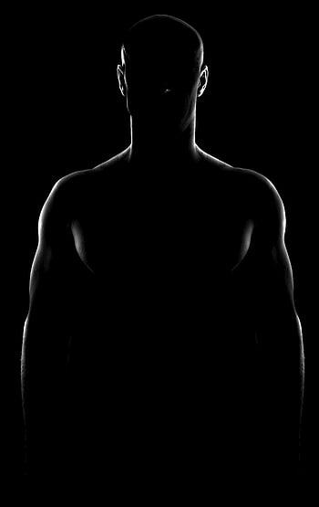 silhouette, uomo senza camicia, bianco e nero, muscolare, retroilluminato, fotografia professionale, figura maschile, sfondo scuro, Immagine sorprendente, monocromatico, forma umana