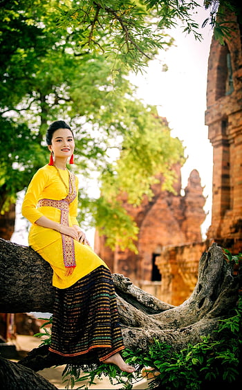 Kadın, güzellik, açık havada, geleneksel, Giyim, Vietnam, miras, seyahat, kule, champa, eski