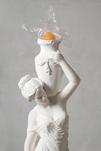 woman statue, sculpture, vase, plastic wrap, artistic, white marble, classical art, headpiece, draped fabric, modern art, intriguing design