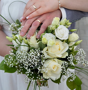 huwelijk, trouwringen, Bruidsboeket, trouwen, Bos bloemen, handen, weinig, voor, rozen, bruid, bruidegom