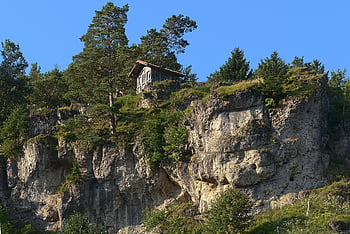 chata, hora, krajina, franconian švýcarsko, pottenstein, vesnice, Skála, vrchovina, stromy, Příroda, vápenopísková cihla