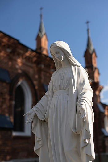 Virgin Mary statue, white concrete statue, gothic-style church, clear sky, elegant statue, religious statue, outdoor statue, church architecture, religious art, gothic church, Virgin Mary figure