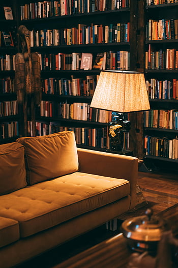 místnost s knihovnou, Útulný gauč, regály, stolní lampa, okolního osvětlení, teplá scéna, pozvání knihovny, svítilny, poblíž pohovky, dřevěná podlaha, kniha kolekce