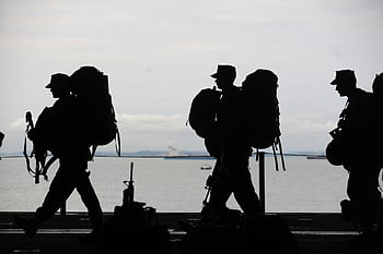 soldats, silhouette, en marchant, militaire, troupes, sacs à dos, front de mer, de plein air, groupe, armé, uniforme