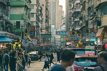 kowloon, Hongkong, Rušná městská scéna, rušná ulice, lidé na silnici, vozidel, budov, městský život, pouliční značky, 24 hodin, obchodů