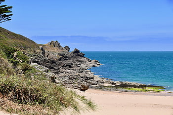přímořská krajina, panoramatický, pohled na oceán, moře, Příroda, modrá obloha, krajina, cestovat, krajina Francie, pointe du grouin, krásné panorama