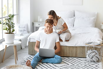 coppia, Camera da letto, il computer portatile, giovane, insieme, maschio, femmina, uomo, donna, persone, computer