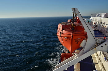orange and white ship, ferry, lifeboats, ocean, Karlskrona, Sweden, sea, cruise, vast ocean, boat, detail view