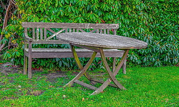 zahrada, stůl, banka, lavice, starý, zvětralý, dřevo, klid, sedět, Příroda, relaxovat