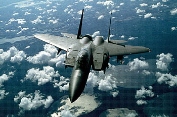 Gray fighter jet, white clouds, aerial view, military fighter jet, flying high, above clouds, stunning view, jet aircraft, military aircraft, high altitude, cloudscape