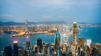 Hongkong, přístav victoria, večerní panorama, panoráma, soumrak, Závalná světla, panoráma města, městský pohled, nábřeží, mrakodrapy, pohled na přístav