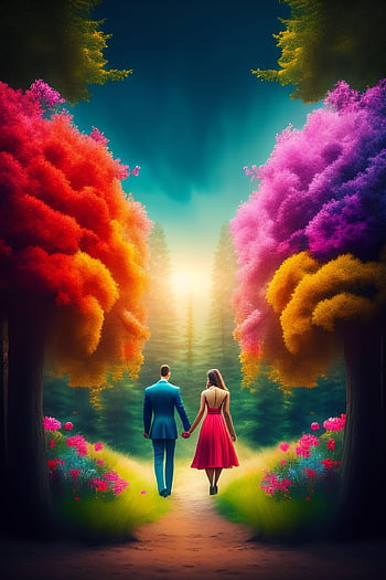 ai Generated, love, couple, garden, nature, forest, romantic, romance, happy, multicolored, valentine's Day