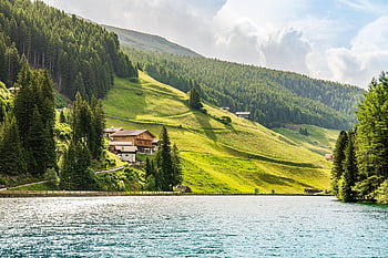 jezero, hory, Příroda, Dům, Alpy, nebe, horský dům, Bolzano Itálie, ochrana životního prostředí, borovicový les, kostel
