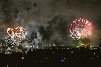 Sydney Opera House, fireworks display, Harbour Bridge, night, stunning fireworks, Sydney Harbour, Australia, cityscape, celebration, event, landmark