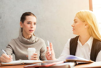 Kvinder, bedrift, pen, professionel, samtale, kaffe, noter, forretning, møde, kontor, diskussion