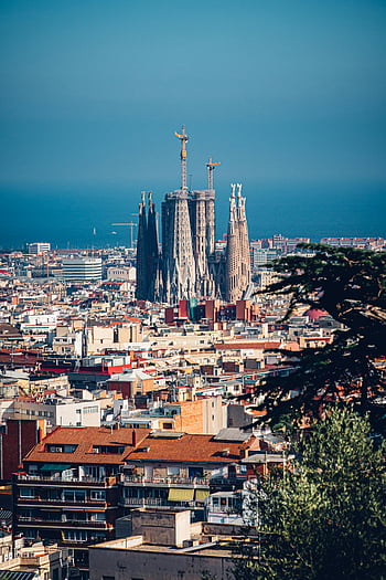 sagrada família, barcelona, katedral, bybildet, flybilde, klart blå himmel, slående, Spania, arkitektur, landemerke, turisme