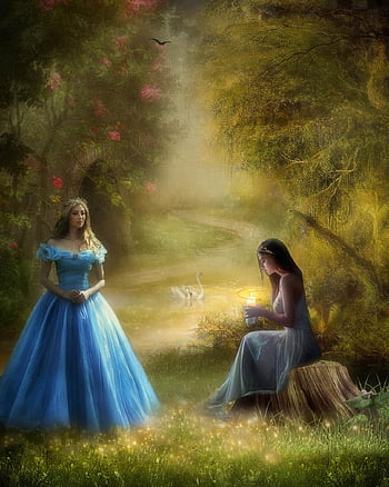 women, princess, trees, forest, light, swans, fairy Tale, magic, fantasy, nature