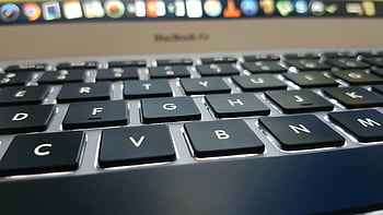 MacBook Air, селективен фокус, клавиатура, технология, дизайн, едър план, лаптоп, ключове, Подробен изглед, включен, компютър
