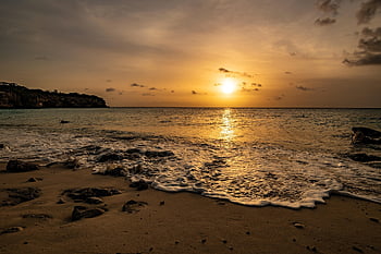 pláž, oceán, karibský, západ slunce, ostrov, curacao, ráj, Příroda