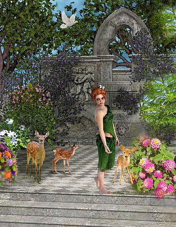 background, garden, flowers, summer, nature, animal Love, fantasy, stairs, beautiful Girl, gazelle, relief