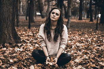 portrait of young woman, forest, autumn, fallen leaves, park, thoughtful, woman sitting, autumnal mood, outdoor, nature, trees