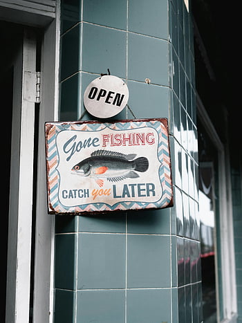 gaan vissen, Vang je later, vintage teken, stedelijk gebouw, stenen muur, Visthema, open teken, retro bewegwijzering, buitenbord, muur gemonteerd bord, vis illustratie