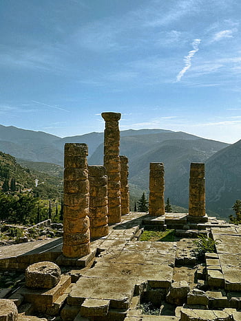 アポロ神殿、 デルファイ、 ギリシャ、 廃墟、 山の背景、 美しい景色、 古代建築、 史跡、 石柱、 遺跡、 風景