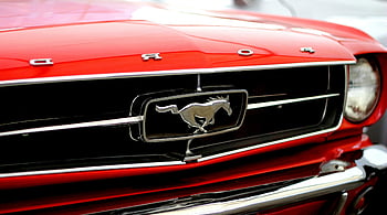 red Ford Mustang, vintage Ford Mustang, front grille, iconic logo, close-up image, classic car, automotive design, American muscle car, vintage automobile, car enthusiasts, red car