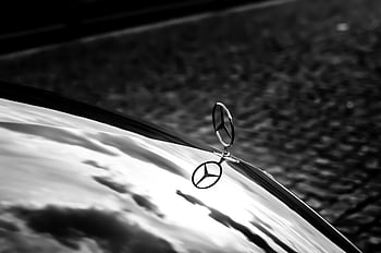 znak mercedes-benz, kapuce ornament, Černý a bílý, Elegantní fotografie, kapuce, odraz, logo mercedes, automobilového designu, klasické auto, luxusní vozidlo, Monochromatický obrázek