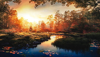 ai Generated, fantasy, landscape, river, trees, forest, autumn, sunset, travel, exploration, nature