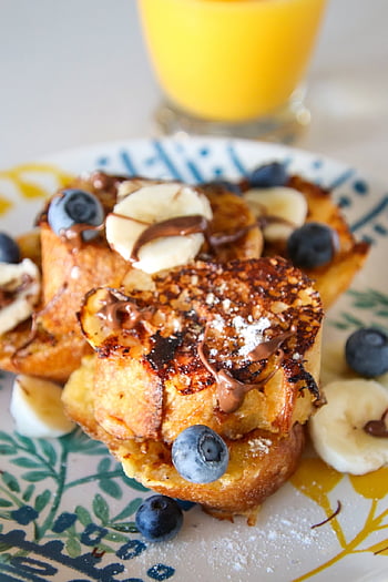toast francese, prima colazione, cibo, Banana, mirtillo, succo d'arancia, frutta