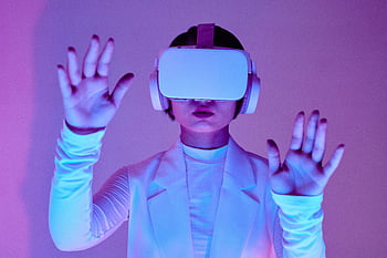 virtual reality, VR goggles, woman, white long sleeves, studio shoot, virtual reality headset, conceptual photography, futuristic technology, immersive experience, neon lighting, modern tech