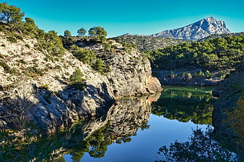 mountain, dam, lake, pond, rocks, water, horizon, sainte-victoire, france, landscape, sky