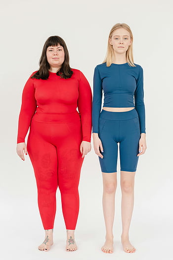 women in sportswear, different body types, colorful sportswear, confident poses, white background, fitness fashion, body positivity, athletic wear, diverse figures, sporty outfits, confident women