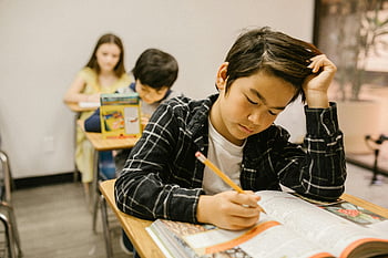 Junge studieren, Buch lesen, Klassenzimmer, Bildungsfokus, Konzentration, Studenten arbeiten, fleißiges Lernen, Schulumgebung, Akademische Aktivität, junger Lernender, Bildungsumgebung