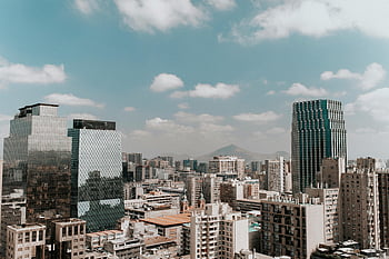 Santiago Skyline, moderní architektura, okolní hory, čisté nebe, panoráma města, Chile, městský pohled, výškové budovy, Metropolitní oblast, Downtown Santiago, mrakodrapy
