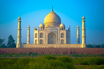 Taj Mahal, mauzoleum, modrá obloha, architektonické krásy, slavný orientační bod, Denní pohled, nádherný výhled, Indie, agra, bílý mramor, světového dědictví UNESCO
