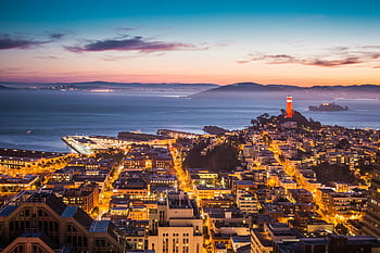 panoramę San Francisco, widok zatoki, miejskie światła, zmierzch, zachód słońca, Miejski krajobraz, miasto nabrzeża, Wieczorowy pejzaż miejski, oświetlone miasto, nadmorskie miasto, Widok Zmierzch