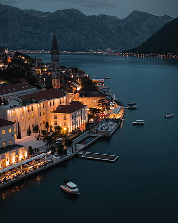 Bay of Kotor, Montenegro, coastal town, Kotor Bay, aerial view, illuminated, dusk, waterfront, mountains, boats, harbor