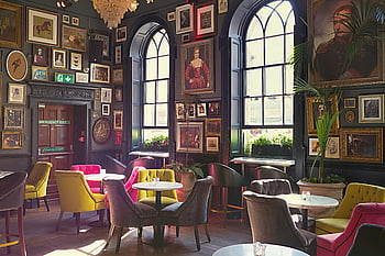 Dublin cafe, luxurious interior, vibrant seating, eclectic art decor, empty dining tables, colorful chairs, arched windows, framed portraits, modern cafe, cozy atmosphere, art-filled space