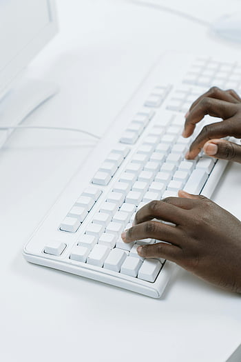 typing, white keyboard, close-up, hands typing, diversity, technology, computer keyboard, work desk, office setup, productivity, digital work